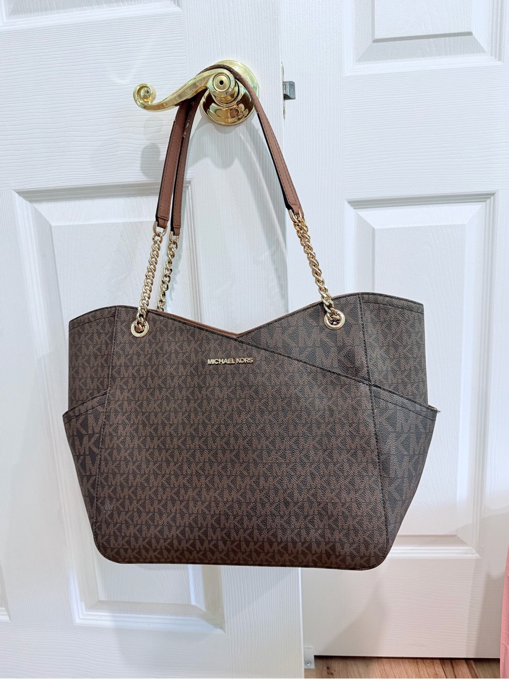 Michael Kors Jet Set Brown MK Logo Chain-Handle Tote